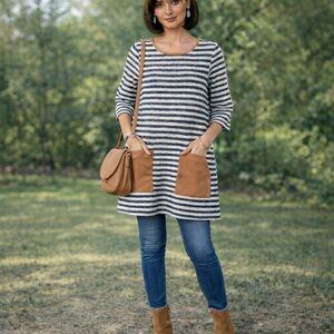 ANTHROPOLOGIE POSTMARK RETRO STRIPED TEXTURED STRIPED TUNIC SIZE XL